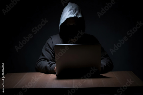Hacker wearing black hoodie using laptop computer while working on dark background. Created with Generative AI Technology