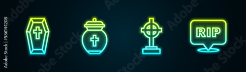 Set line Coffin with cross, Funeral urn, Grave and Speech bubble rip death. Glowing neon icon. Vector