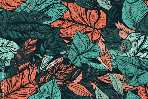 Illustration of green and orange leaves on a black background created with Generative AI technology