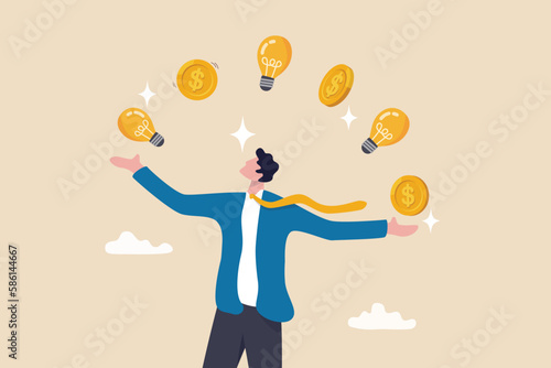 Idea to make money, entrepreneur to invent and make profit from new idea, investing strategy or creativity to earn money concept, businessman entrepreneur juggling lightbulb and money dollar coin.