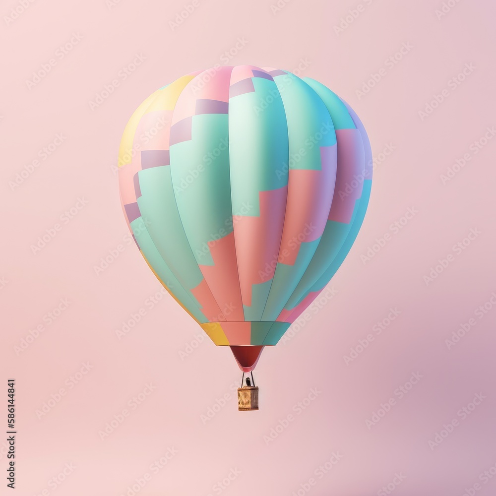 Fototapeta premium Colorful hot air balloon in pastel background. Travel and adventure concept symbolizing freedom andexcitement. Generative AI