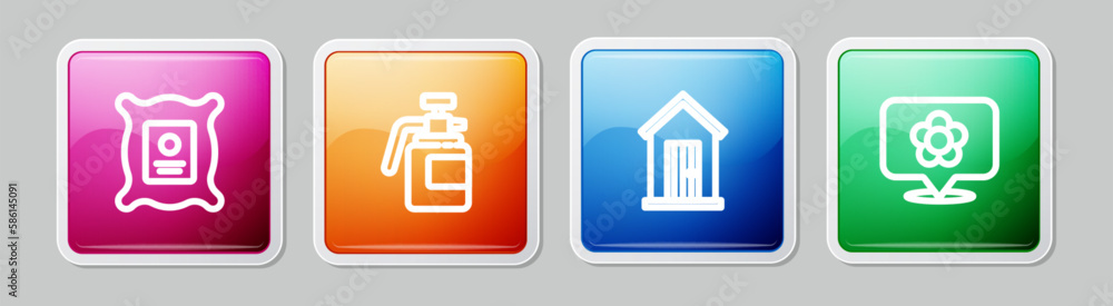 Set line Pack full of seeds of plant, Garden sprayer for fertilizer, Farm house and Location with flower. Colorful square button. Vector Set line Pack full of seeds of plant, Garden sprayer for fertilizer, Farm house and Location with flower. Colorful square button. Vector
