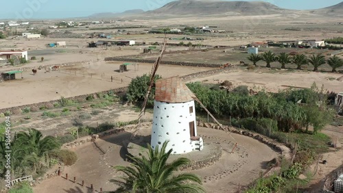 Spanish windmill aerial view in Fuerteventura island