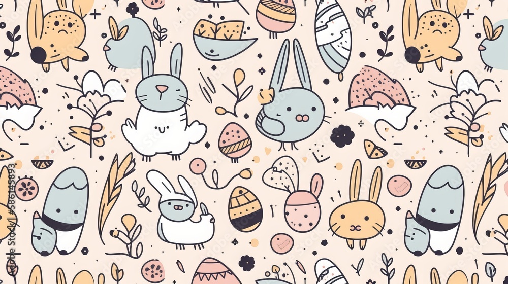 Simple Seamless Doodle Easter Themed Pattern - Generative AI Simple Seamless Doodle Easter Themed Pattern - Generative AI