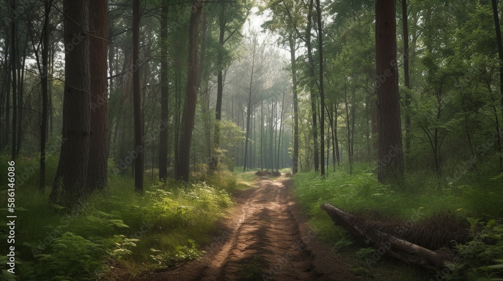 Obraz premium Foggy path through the forest ,Sunset in a dark forest with rays of light passing through the trees.Generative Ai