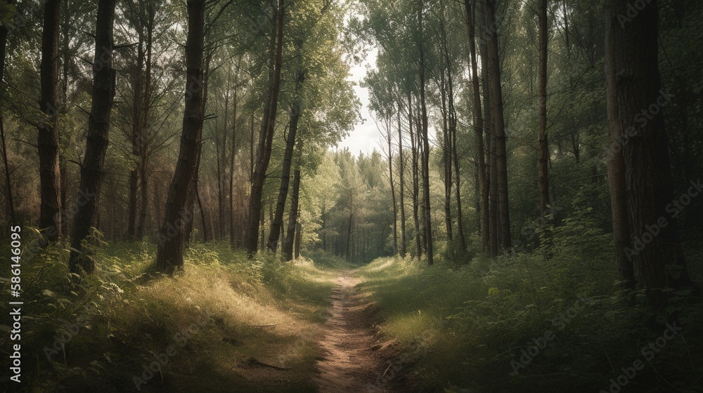 Foggy path through the forest ,Sunset in a dark forest with rays of light passing through the trees.Generative Ai Foggy path through the forest ,Sunset in a dark forest with rays of light passing through the trees.Generative Ai
