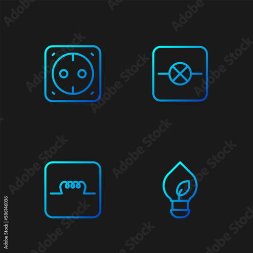 Set line Light bulb with leaf, Inductor in electronic circuit, Electrical outlet and Lamp. Gradient color icons. Vector