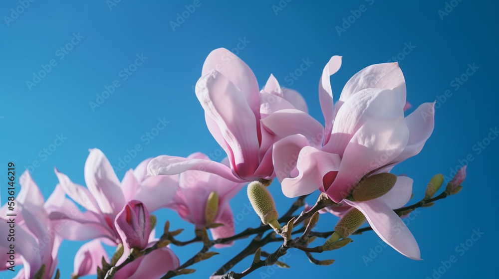 Fototapeta premium Blooming pink magnolia in the blue sky. Spring. Garden. A beautiful flowering, flowering tree. beautiful blooming branch of magnolia in spring - magnolia flower. Spring flowering. generative ai