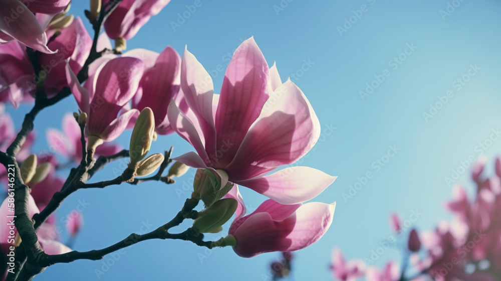 Fototapeta premium Blooming pink magnolia in the blue sky. Spring. Garden. A beautiful flowering, flowering tree. beautiful blooming branch of magnolia in spring - magnolia flower. Spring flowering. generative ai