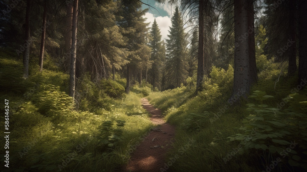 Obraz premium Foggy path through the forest ,Sunset in a dark forest with rays of light passing through the trees.Generative Ai