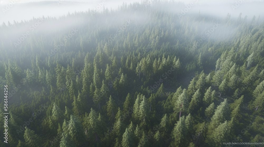 coniferous forest in the fog from above, generative ai