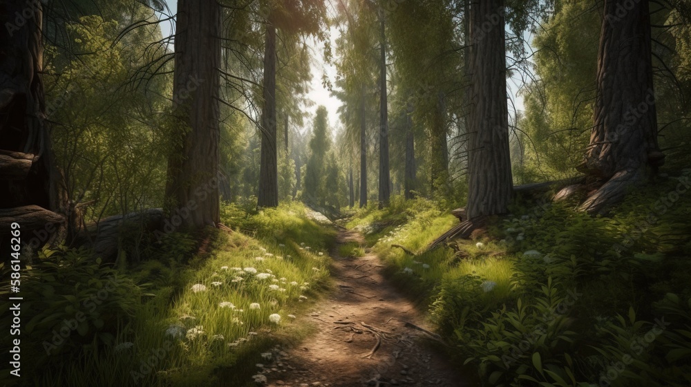 Obraz premium Foggy path through the forest ,Sunset in a dark forest with rays of light passing through the trees.Generative Ai