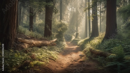 Foggy path through the forest  Sunset in a dark forest with rays of light passing through the trees.Generative Ai