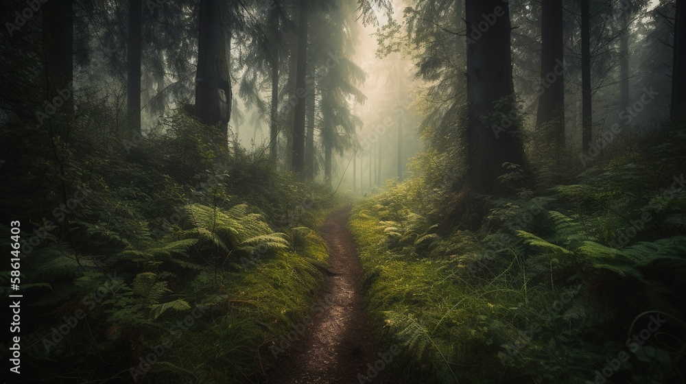Fototapeta premium Foggy path through the forest ,Sunset in a dark forest with rays of light passing through the trees.Generative Ai
