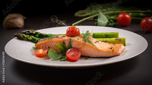 rready dish of salmon with asparagus and cherry tomatoes on a plate, generative ai