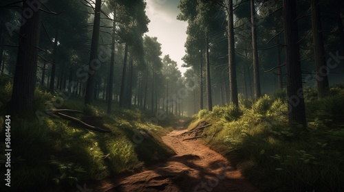 Foggy path through the forest  Sunset in a dark forest with rays of light passing through the trees.Generative Ai