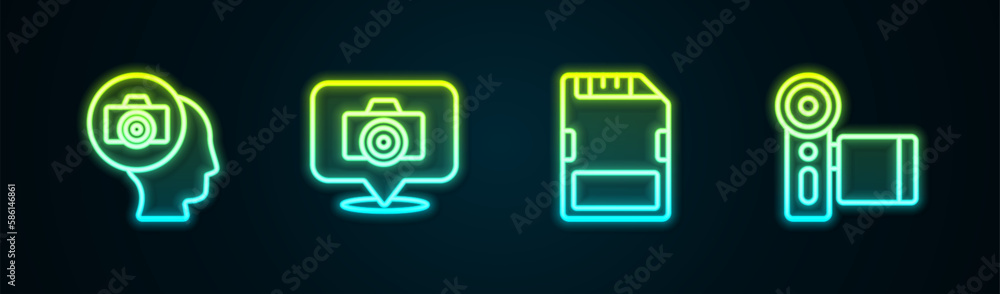 Set line Photo camera, SD card and Cinema. Glowing neon icon. Vector Set line Photo camera, SD card and Cinema. Glowing neon icon. Vector