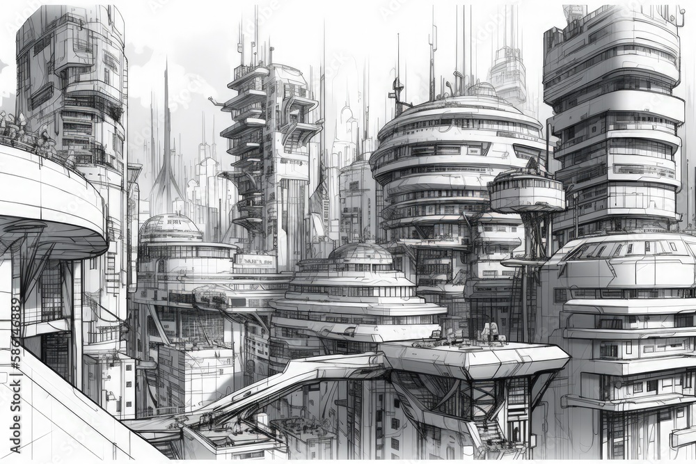 futuristic cityscape in black and white created with Generative AI technology