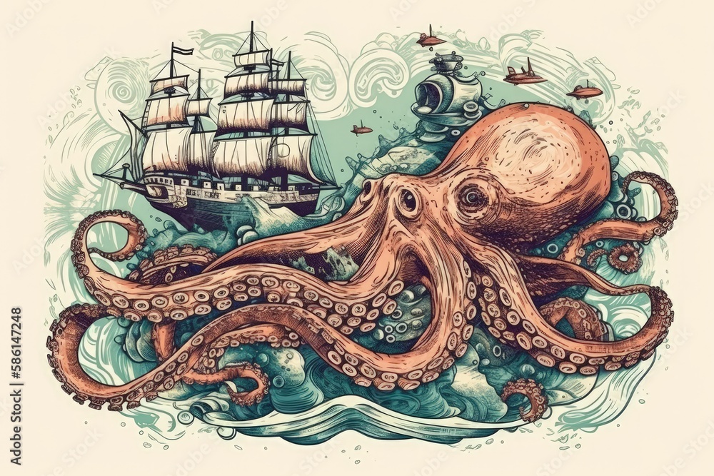 octopus and a ship in the background created with Generative AI technology