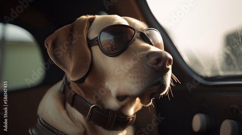 Dog Driving Small Car With Pilot's Glasses - Generative AI © ImageMaster