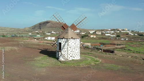 Spanish windmill aerial view in Fuerteventura island