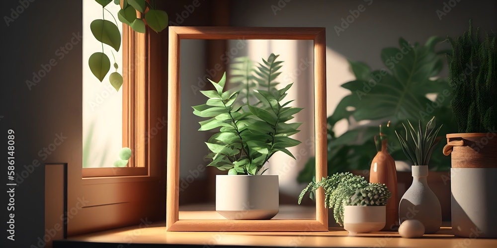 Frame mockup close up in empty interior,digital illustration generative AI Frame mockup close up in empty interior,digital illustration generative AI