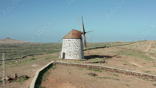 Spanish windmill aerial view in Fuerteventura island