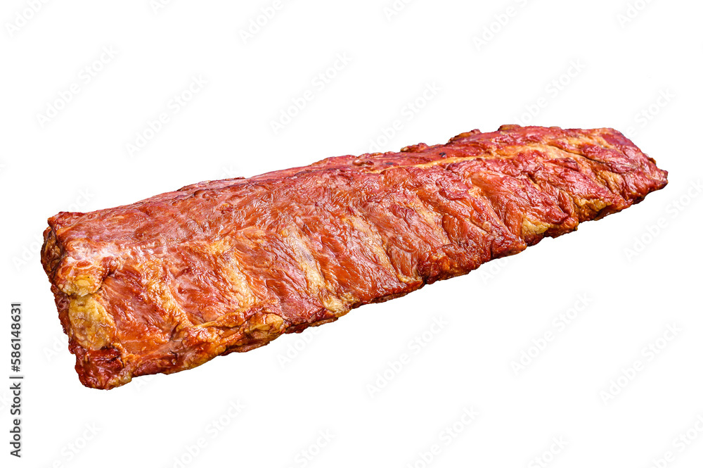 Smoked pork ribs in barbecue sauce.  Isolated, transparent background.