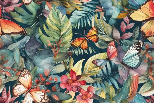 colorful group of butterflies resting on green leaves created with Generative AI technology © AkuAku