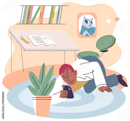 Cute boy photographer holds phone in his hands and taking photo of houseplant, kids hobby or creative activity, picture for social media account. Student doing homework in botany using smartphone