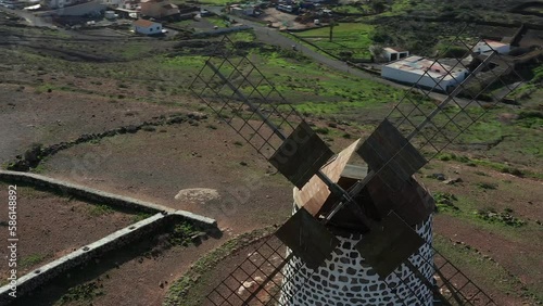 Spanish windmill aerial view in Fuerteventura island