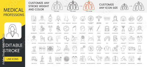 Medical Professions line icon set includes beautician and venerologist, reflexology and aromatherapist, psychotherapist and podiatrist, andrologist and cardiac, surgeon. Editable Stroke.