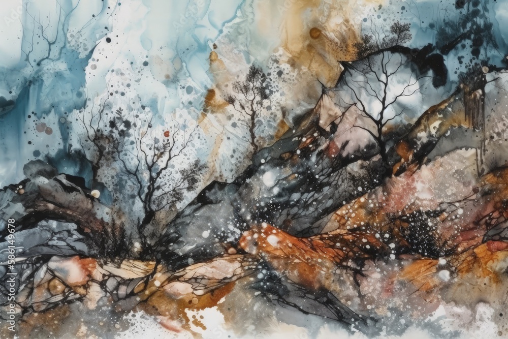 winter landscape featuring trees and rocks covered in snow created with Generative AI technology winter landscape featuring trees and rocks covered in snow created with Generative AI technology