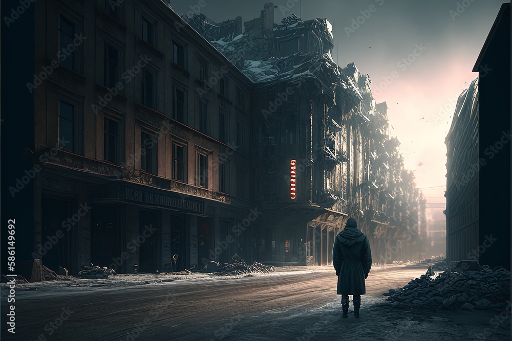 Loneliness in Isolation as a Man Walks the Empty City Streets Amidst the Covid-19 Pandemic Generated by AI