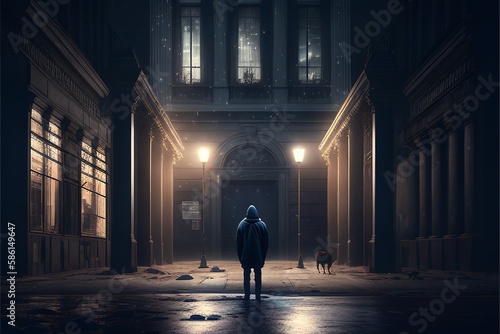 Loneliness in Isolation as a Man Walks the Empty City Streets Amidst the Covid-19 Pandemic Generated by AI