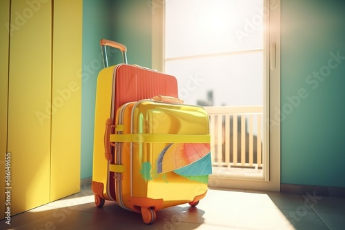 Open yellow suitcase on wheels for tourism, travel. Multicolored clothes in a stack. AI generated.