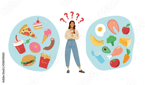 The concept of choosing between healthy eating and fast food. A young girl makes chooses a diet, sweet and fatty food versus natural organic foods. Colored flat vector illustration isolated on white