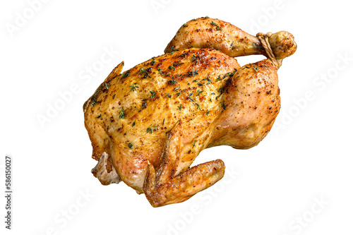 Homemade whole baked chicken rotisserie with thyme. Isolated, transparent background.