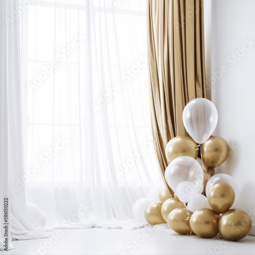 Gold and white balloon on white room with curtain background. generative ai.