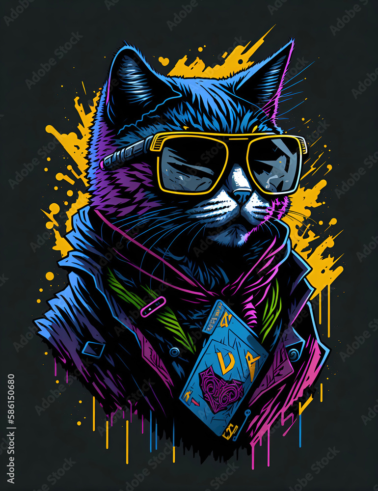 Fototapeta Colorful graffiti illustration of a cool cat wearing sunglasses. Highly detailed generated by AI