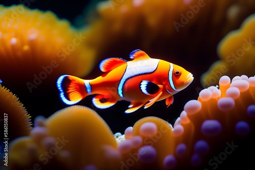 Rendering of Close-Up of a Bright Orange Clownfish on a Black Background. Generative AI. 