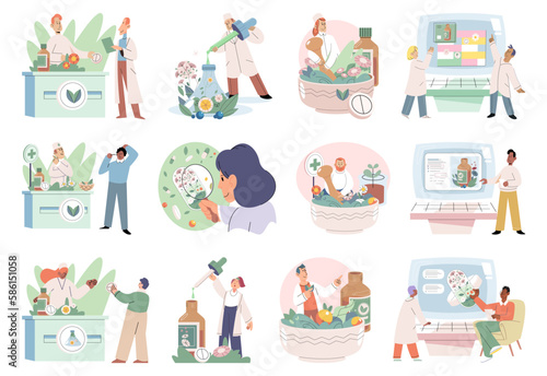 Doctor checking medicinal herbs. Natural herbal medicine selection. Scientist with natural drug research, Green herbal medicine discovery science lab. Scientist doctor making alternative medicine herb