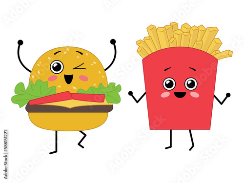 Cute happy characters - hamburger and fries. Best friends. Vector illustration isolated on white background