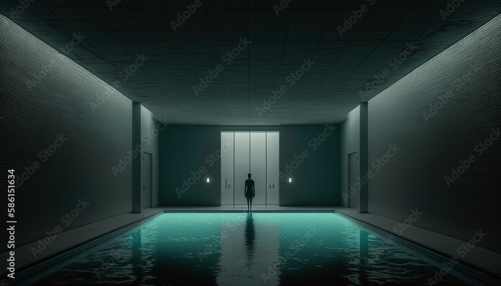 Solitude and Serenity with a Fictional Man Standing Alone by an Empty Pool in a Green Ambience Generated by AI