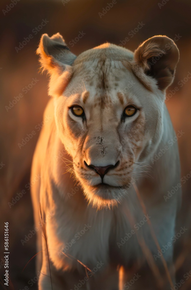 Portrait of a majestic white lioness in savanna under sunlight. Generative AI.