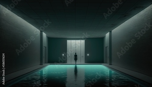 Solitude and Serenity with a Fictional Man Standing Alone by an Empty Pool in a Green Ambience Generated by AI