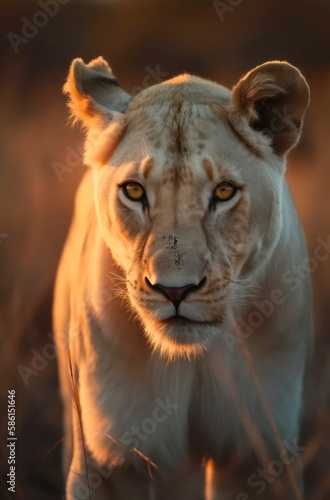 Portrait of a majestic white lioness in savanna under sunlight. Generative AI.