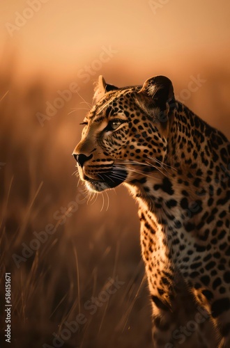 Portrait of a leopard in savannah at sunset. Generative AI. © Hanna