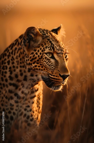 Portrait of a leopard in savannah at sunset. Generative AI.