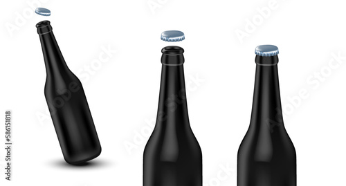 Vector illustration of three beer bottle on white color background with shadow, open and close cap. 3d style design of beer bottle